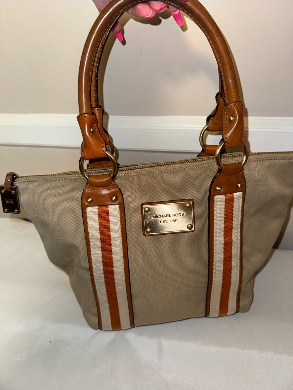 Michael Kors Beige Canvas Shoulder Bag with Tan Leather and Orange Stripes
